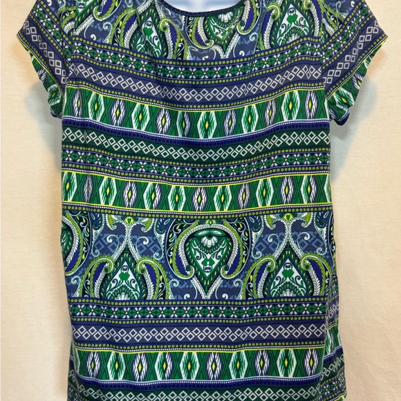 G-99 Liz Claiborne Blue Green &‎ White Short Sleeve Pullover Blouse Size MP - Picture 8 of 14